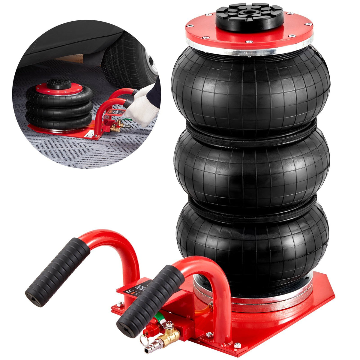 Air Jack, 3 Ton/6600 lbs Triple Bag Air Jack, Airbag Jack with Six Steel Pipes, Lift up to 17.7 inch/450 mm, 3-5 s Fast Lifting Pneumatic Jack, with Side Handles for Car, Garage, Repair (Red)