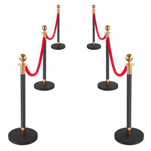 Stanchion Post, 6 Pcs Crowd Control Barrier Set with Red Carpet, 4 Red Velvet Ropes, Stainless Steel Gold Stanchion Post Queue with Hollow Base for Theater, Party, Wedding, Exhibition (Black)