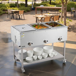 3-Pan Commercial Propane Steam Table, LP Gas Outdoor Soup Warmer with Drain Valve and 3" Wheels, Stainless Steel Propane Food Warmer with Independent Temp Control, for Restaurant Outdoor Camping