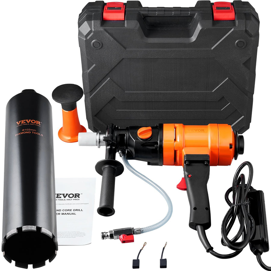 Diamond Core Drilling Machine, 4in Handheld Wet Concrete Core Drill Rig, 1100-2400RPM Two Speed & 1-1/4" Thread & 2 Bubble Levels, 3-4in Drilling Diameter for Concrete Brick Block Stone, 1500W
