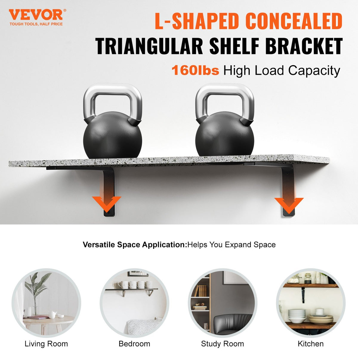Shelf Bracket, 16 x 6 in 4 Pcs, Heavy Duty Floating Shelf Brackets, Brackets for Shelves, 10mm Thick Matte Black L Shelf Bracket,Steel Shelving Brackets with 160 lbs Load Capacity