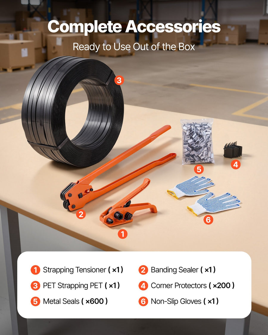 Banding Strapping Kit, Heavy Duty Banding Sealer Tool with 2000 ft PET Band, 600 Metal Seals, 200 Corner Protectors, Plastic Pallet Packaging Strapping Kit for Warehouse, Transportation, Home