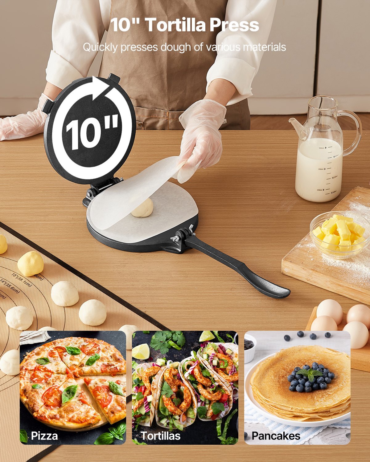 Tortilla Press, 10 Inch Cast Iron Tortilla and Roti Maker, Heavy Duty Tortilladora Press, Pataconera Makers with Handle and 100 Pcs Parchment Paper, Dough Taco Press for Flour Tortilla, Tawa