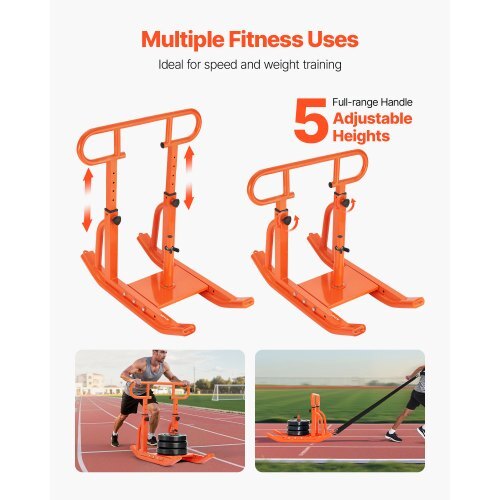 Weight Sled, Steel Power Sled, Fitness Training Sleds for Athletic Exercise Speed Improvement, Workout Equipment with Adjustable Height Handle, Compatible with 1/2 in Weight Plates, Orange