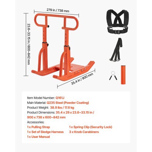 Weight Sled, Steel Power Sled, Fitness Training Sleds for Athletic Exercise Speed Improvement, Workout Equipment with Adjustable Height Handle, Compatible with 1/2 in Weight Plates, Orange
