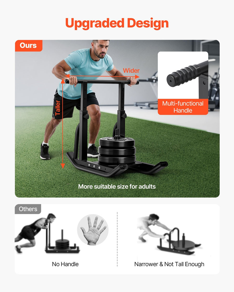 Weight Sled, Steel Power Sled, Fitness Training Sleds for Athletic Exercise Speed Improvement, Workout Equipment with Adjustable Height Handle, Compatible with 1/2 in Weight Plates, Black