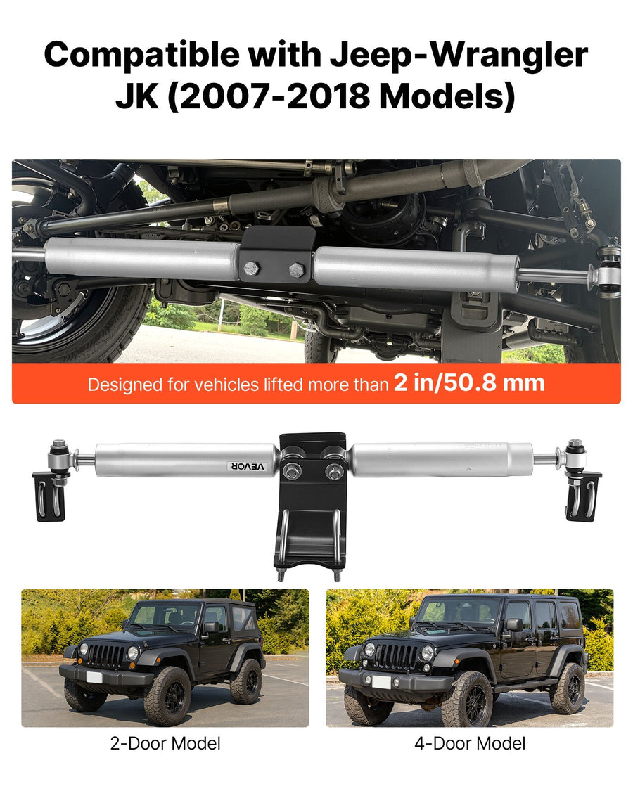 Dual Steering Stabilizer, for 2007-2018 Jeep Wrangler JK, Dual Steering Stabilizer Kit Fits with 2 Inches of Suspension Lift or Higher, Enhanced Control & Reduced Vibration, Easy Installation