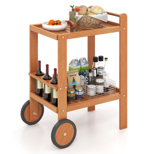 2 Tier Rolling Serving Cart with Wine Bottle Holders and 2 Rubber Wheels