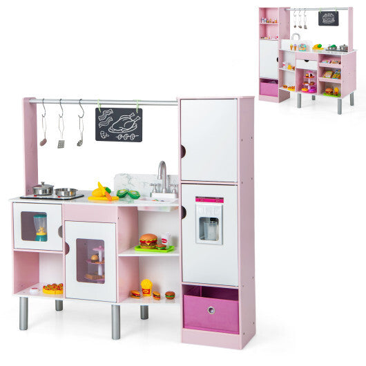 2-in-1 Double-sided Kids Kitchen and Market with Realistic Light and Sound-Pink