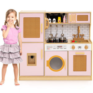 Kids Wooden Kitchen Playset with Realistic Lights and Sounds-Pink - Color: Pink