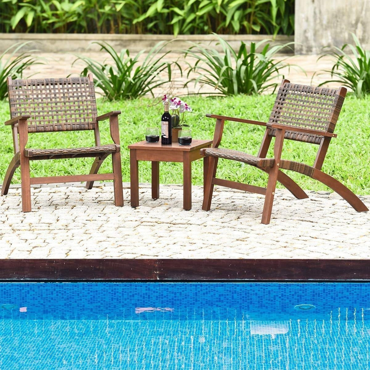 Solid Wood and Rattan 3-Piece Outdoor Patio Furniture Table Chairs Set