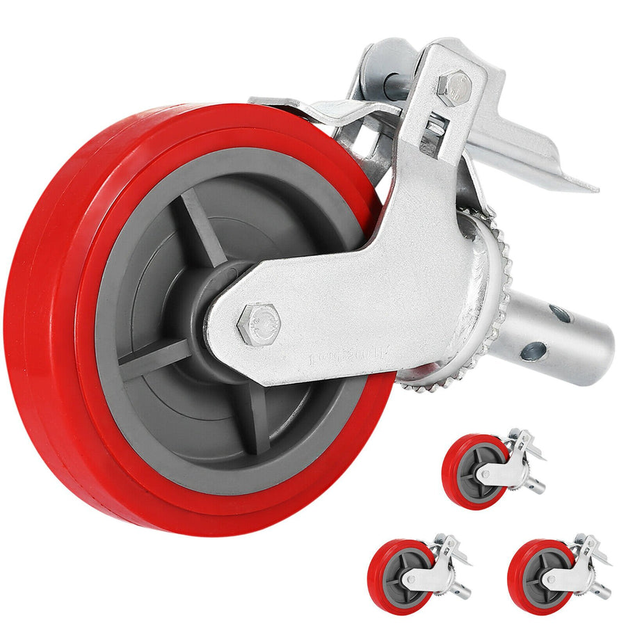 Scaffolding Wheels Set of 4, 8" - Scaffolding Casters Heavy Duty, 3200 Lbs Per Set - Locking Stem Casters with Brake, Red Polyurethane - Replacement for Scaffold, Shelves, Workbench