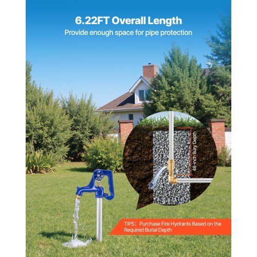 Frost Proof Yard Hydrant, 6.22FT Freeze-Proof Outdoor Faucet with 48" Bury Depth, 3/4" NPT Pipe Connection, Lever Handle + Handwheel, No Lead Freezeless Hydrant for Yard Garden Farm Irrigation