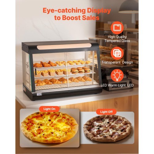 3-Tier Commercial Food Warmer Display, 1400W Food Display Warmer with LED Light, Top Storage and Adjustable Shelves, 86?~185? Steam Heating, 137Qt/130L for Hamburger, Pizza, Bread, Fried Chicken