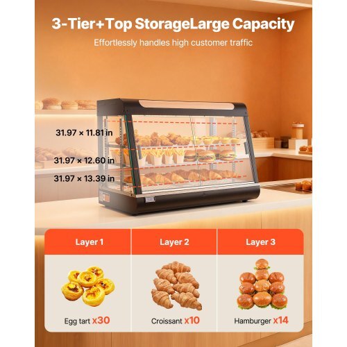 3-Tier Commercial Food Warmer Display, 1400W Food Display Warmer with LED Light, Top Storage and Adjustable Shelves, 86?~185? Steam Heating, 137Qt/130L for Hamburger, Pizza, Bread, Fried Chicken