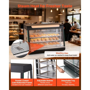 3-Tier Commercial Food Warmer Display, 1400W Food Display Warmer with LED Light, Top Storage and Adjustable Shelves, 86?~185? Steam Heating, 137Qt/130L for Hamburger, Pizza, Bread, Fried Chicken