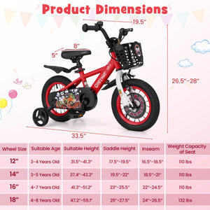 Costway 12 Inch Kids Bike Adjustable with Storage Basket and Double Brake for 3-4 Years Old-12 inches