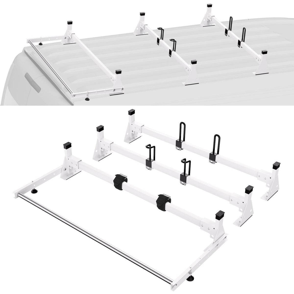 Trailer Ladder Rack, 54" 3 Crossbars Ladder Roof Rack, Heavy-duty Steel Van Roof Rack, 800 lbs Capacity Van Ladder Rack with Cargo Roller and Straps, Fit for Ford Transit 150 250 350, 2015-2022