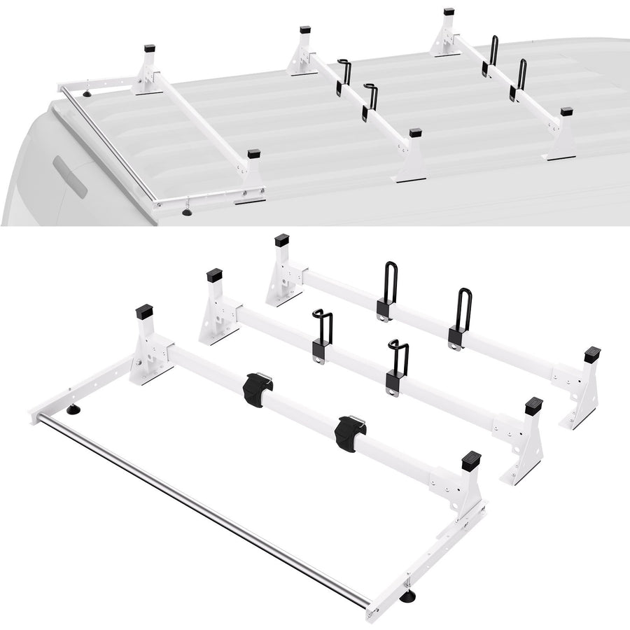 Trailer Ladder Rack, 54" 3 Crossbars Ladder Roof Rack, Heavy-duty Steel Van Roof Rack, 800 lbs Capacity Van Ladder Rack with Cargo Roller and Straps, Fit for Ford Transit 150 250 350, 2015-2022