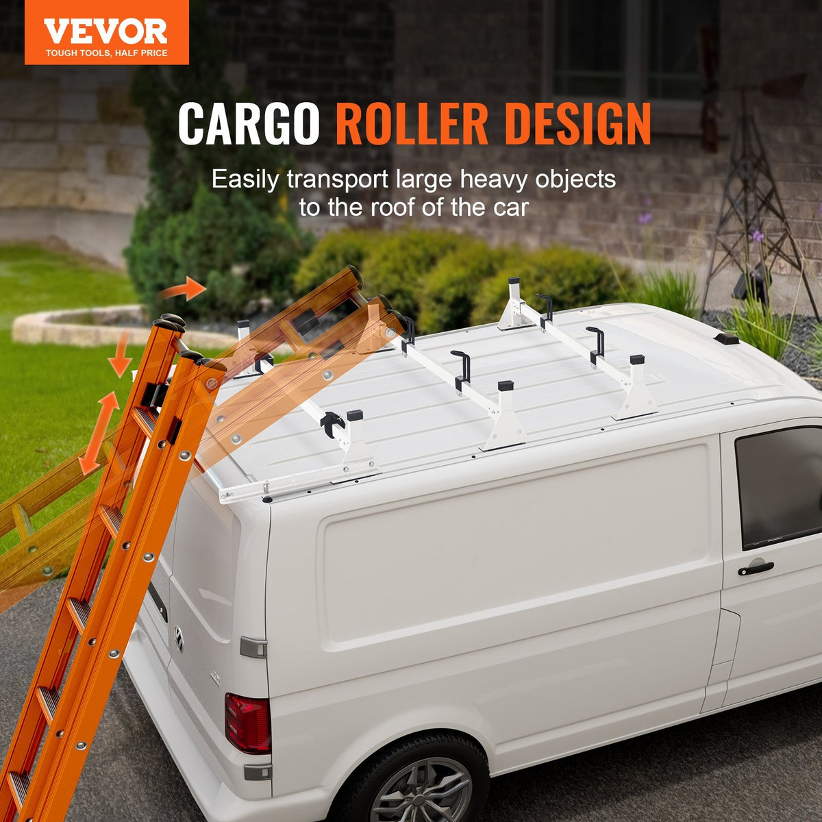 Trailer Ladder Rack, 54" 3 Crossbars Ladder Roof Rack, Heavy-duty Steel Van Roof Rack, 800 lbs Capacity Van Ladder Rack with Cargo Roller and Straps, Fit for Ford Transit 150 250 350, 2015-2022