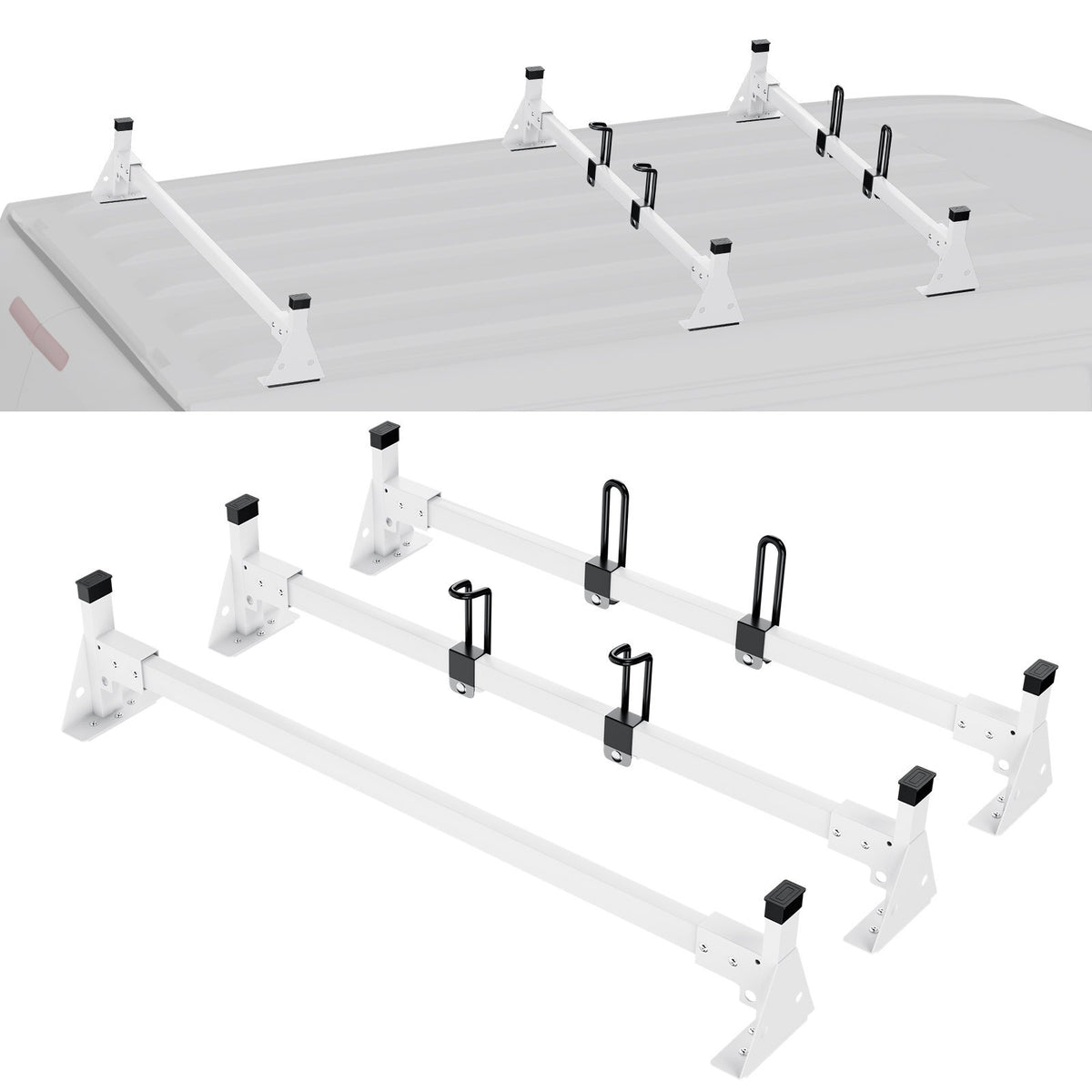 Trailer Ladder Rack, 54" 3 Crossbars Ladder Roof Rack, Heavy-duty Steel Van Roof Ladder Rack, 800 lbs Capacity Van Ladder Rack with Straps, Fit for Ford Transit 150, 250, 350, 2015-2022