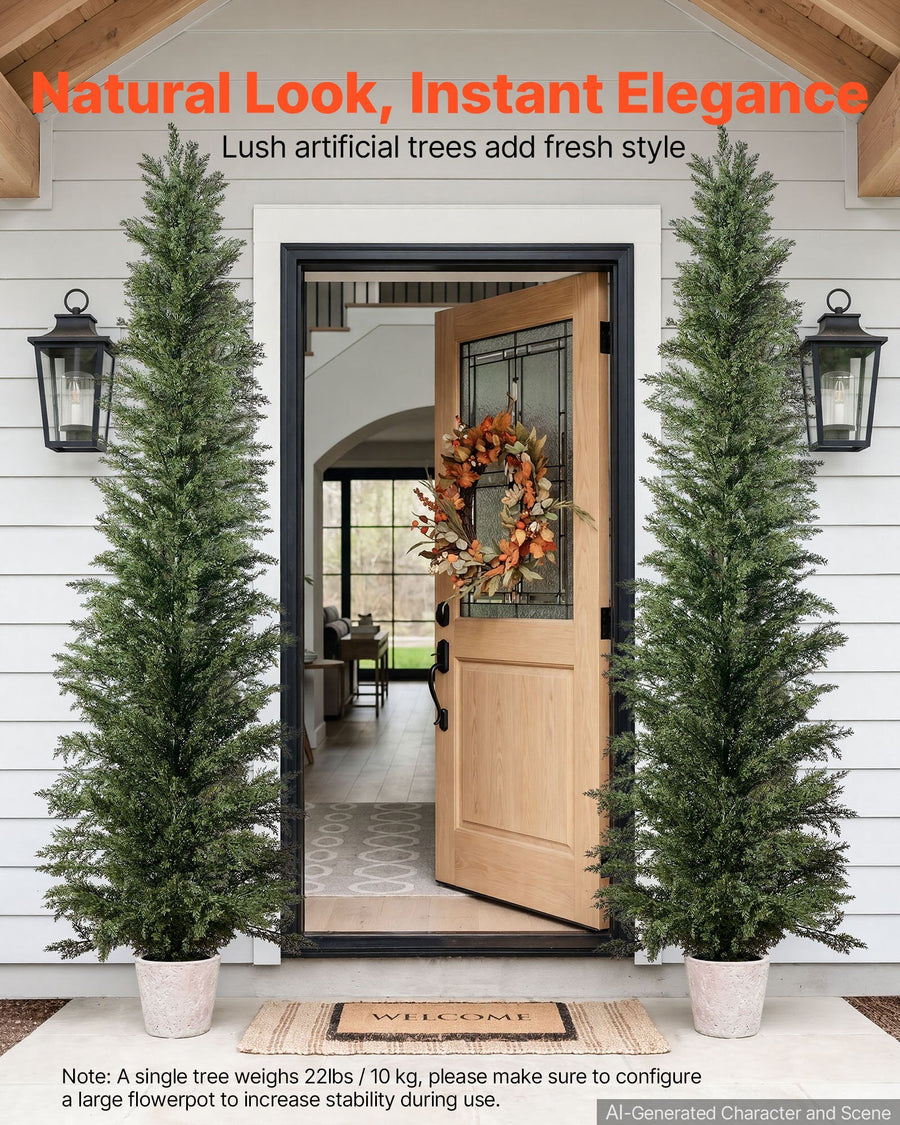 Artificial Topiary Cedar Tree 8 Ft Set of 2 with Pot Greenery Decor, Premium PE Fake Trees, Year-Round Indoor & Outdoor Faux Green Plant for Front Door, Entryway, Porch, Balcony, Patio, Garden