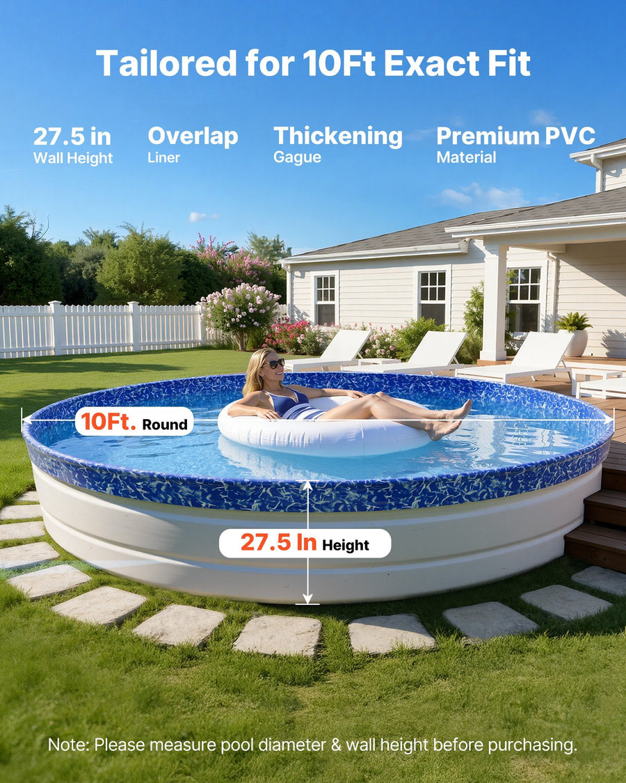 10ft Pool Liner, Round Overlap Swimming Pool Liner for 27.5 in Wall Height, Heavy Gauge Vinyl, Easy Install with Leak-Proof Patches, Designed for Steel Sided Above-Ground,Outdoor, Crystal