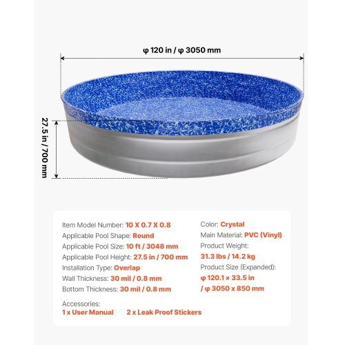 10ft Pool Liner, Round Overlap Swimming Pool Liner for 27.5 in Wall Height, Heavy Gauge Vinyl, Easy Install with Leak-Proof Patches, Designed for Steel Sided Above-Ground,Outdoor, Crystal