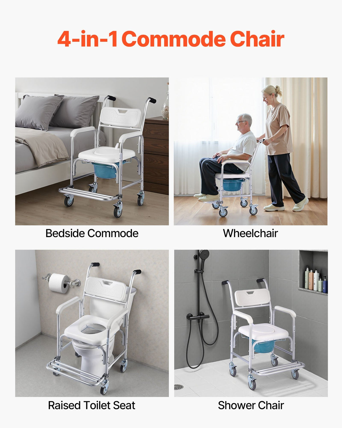Bedside Commode Chair with Wheels, 350 lbs Capacity, 4-in-1 Portable Toilet and Raised Toilet Seat with Padded Seat/Backrest/Flip-up Footrest, Detachable 5L Bucket, Shower Wheelchair for Seniors