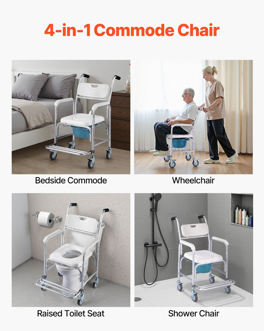 Bedside Commode Chair with Wheels, 350 lbs Capacity, 4-in-1 Portable Toilet and Raised Toilet Seat with Padded Seat/Backrest/Flip-up Footrest, Detachable 5L Bucket, Shower Wheelchair for Seniors