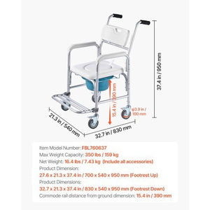 Bedside Commode Chair with Wheels, 350 lbs Capacity, 4-in-1 Portable Toilet and Raised Toilet Seat with Padded Seat/Backrest/Flip-up Footrest, Detachable 5L Bucket, Shower Wheelchair for Seniors