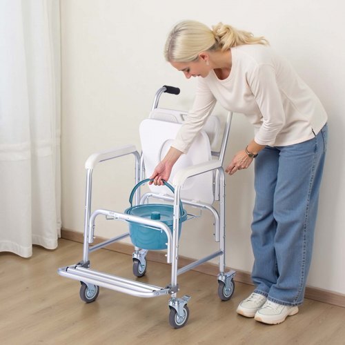 Bedside Commode Chair with Wheels, 350 lbs Capacity, 4-in-1 Portable Toilet and Raised Toilet Seat with Padded Seat/Backrest/Flip-up Footrest, Detachable 5L Bucket, Shower Wheelchair for Seniors