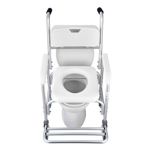 Bedside Commode Chair with Wheels, 350 lbs Capacity, 4-in-1 Portable Toilet and Raised Toilet Seat with Padded Seat/Backrest/Flip-up Footrest, Detachable 5L Bucket, Shower Wheelchair for Seniors