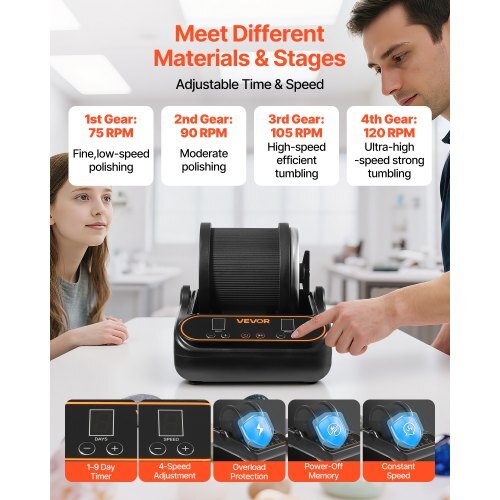 Rock Tumbler, 2 lb Rock Polishing Machine, Rocks Tumbling Kit with 4-Speed Adjustment, 1?9 Day Timer, PC Sound Reduction Cover & TPU Drum, Direct Drive Motor Rocks Polishing, Quiet Operation