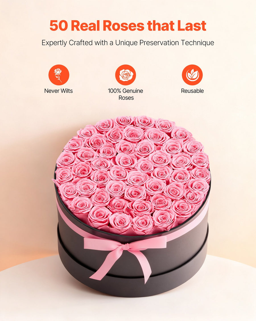 Forever Flowers, 50 Preserved Roses in a Box, Eternal Flowers Immortal Bouquet Birthday Present for Delivery Prime Women Her Wife Mothers, Anniversary, Valentine's Day,Christmas, Sweet Pink
