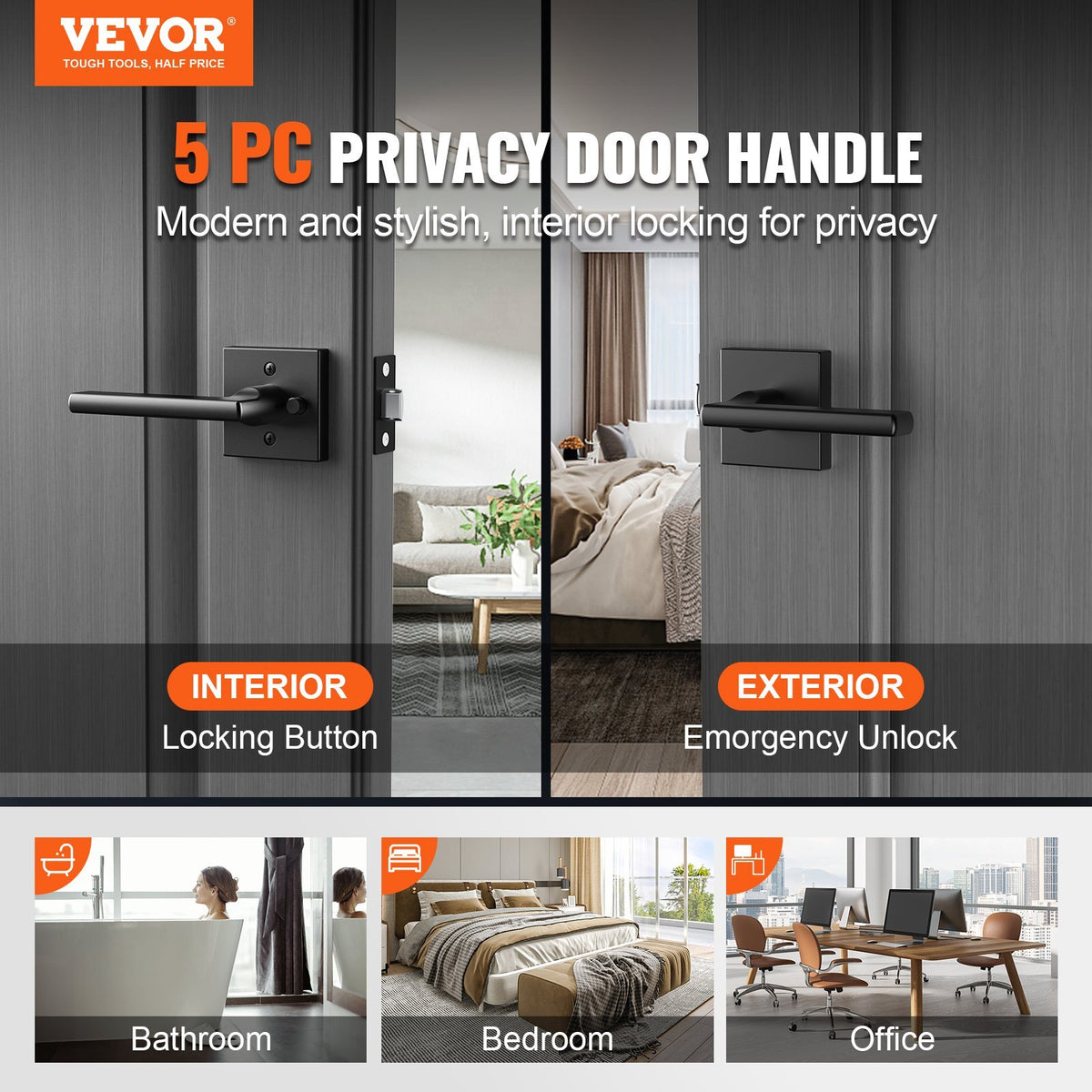 Privacy Door Handle, 5-Pack Matte Black Door Lever, Right or Left Handing Reversible Lever with Keyless Lock, 45? Rotation to Open, Universal Square Interior for Bathroom and Bedroom Doors