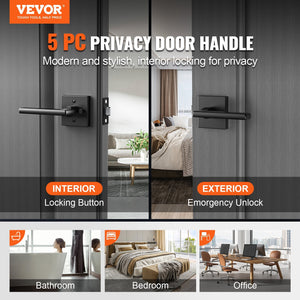 Privacy Door Handle, 5-Pack Matte Black Door Lever, Right or Left Handing Reversible Lever with Keyless Lock, 45? Rotation to Open, Universal Square Interior for Bathroom and Bedroom Doors