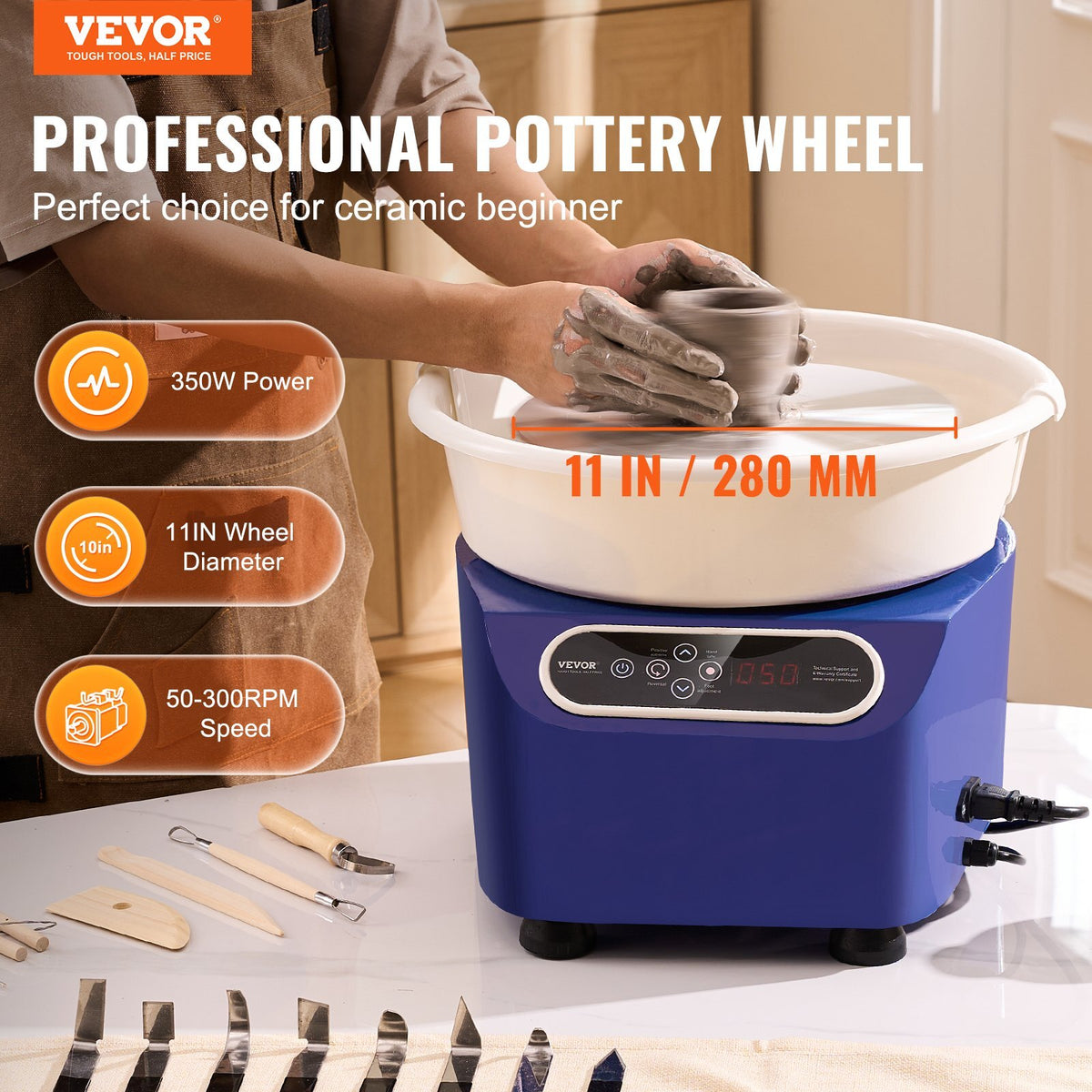 Pottery Wheel, 11 inch Pottery Forming Machine, 350W Electric Wheel for Pottery with Foot Pedal and LCD Touch Screen, Direct Drive Ceramic Wheel with Shaping Tools for DIY Art Craft, Blue