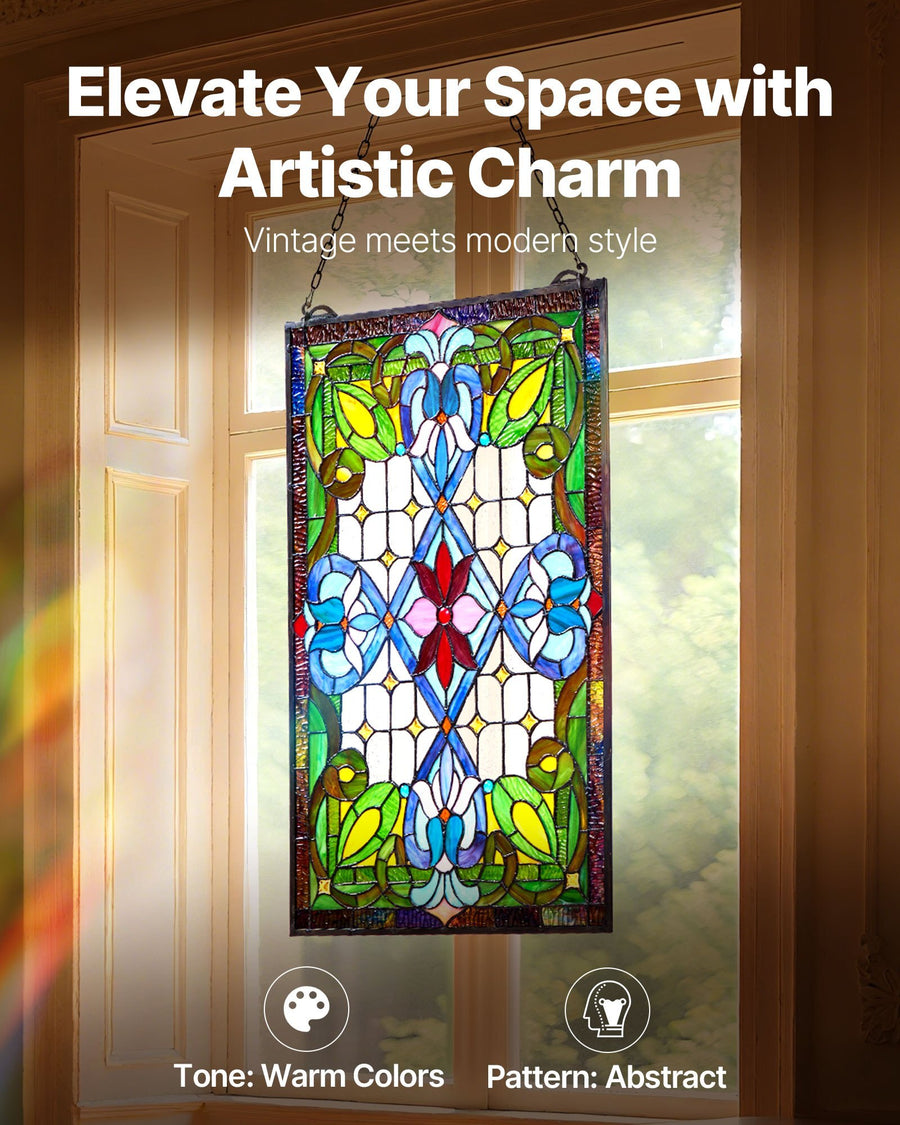 Stained Glass Window Panel, 17 x 29 in, Tiffany Style Hanging Transom Window Panel with Chain, Large Vertical Rectangle Stain Glass, Vintage Traditional Art Handcrafts for Kitchen Home Decor