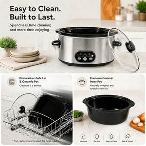 6/8 Quart Slow Cooker with 3 Cooking Settings, Non-Stick Ceramic Inner Pot, Dishwasher-Safe Lid, Multi-Functional Slow Cooker for Soups, Stews, R