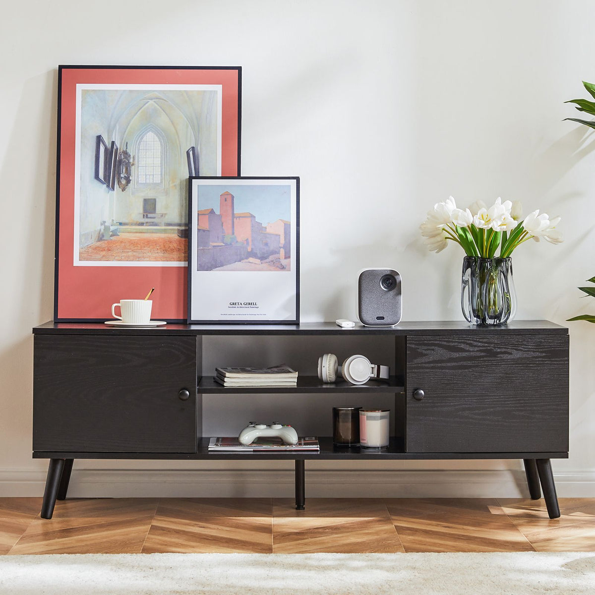 Panel TV cabinet can store black cabinets, suitable for home living room office TV cabinet