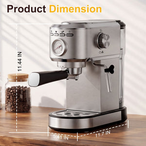 20 Bar Espresso Machine, 1350W Boiler, Steam Wand, Water Tank, Stainless Steel, Compact Coffee Maker for Home Barista