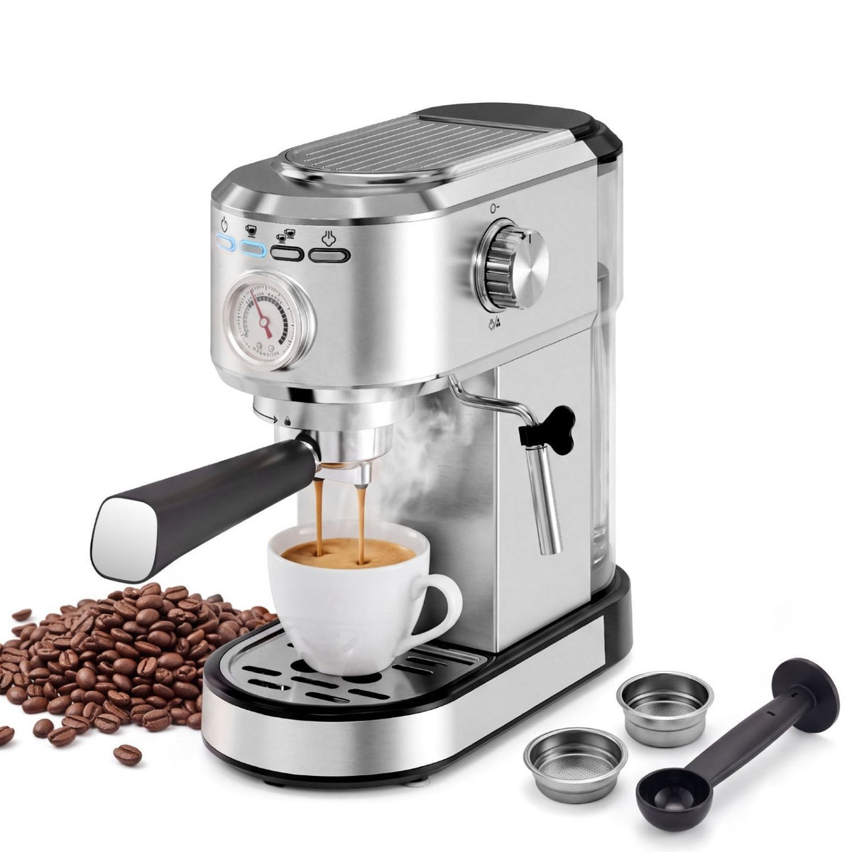 20 Bar Espresso Machine, 1350W Boiler, Steam Wand, Water Tank, Stainless Steel, Compact Coffee Maker for Home Barista