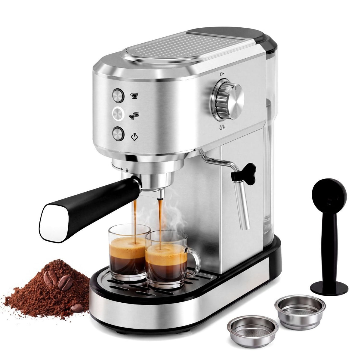 20 Bar Espresso Machine, 1350W Boiler, Steam Wand, Water Tank, Stainless Steel, Compact Coffee Maker for Home Barista
