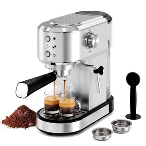 20 Bar Espresso Machine, 1350W Boiler, Steam Wand, Water Tank, Stainless Steel, Compact Coffee Maker for Home Barista