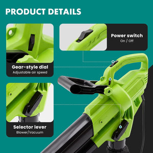 3-in-1 Corded Leaf Blower, Vacuum And Mulcher, 500 CFM 167 MPH Electric Yard Cleaner with 10.57gal Collection Bag