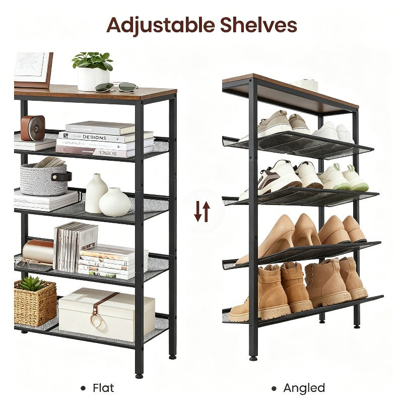 5 Tier Wood Top Shoe Rack, Industrial Storage for Entryway, Small Space Shoe Organizer