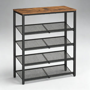 5 Tier Wood Top Shoe Rack, Industrial Storage for Entryway, Small Space Shoe Organizer