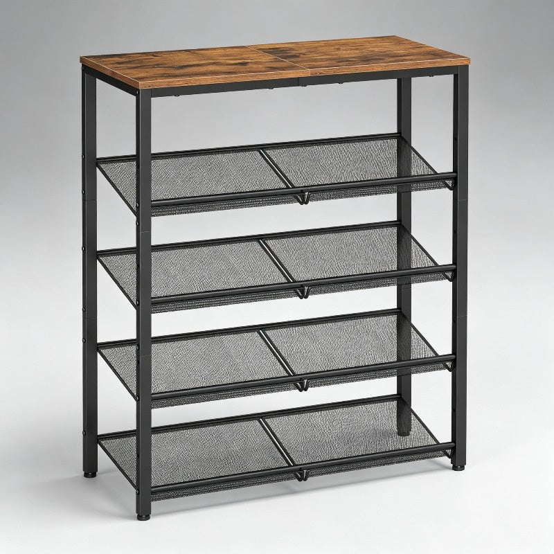 5 Tier Wood Top Shoe Rack, Industrial Storage for Entryway, Small Space Shoe Organizer
