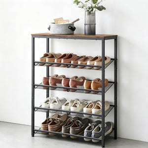 5 Tier Wood Top Shoe Rack, Industrial Storage for Entryway, Small Space Shoe Organizer